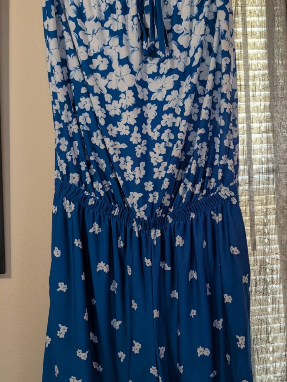 Blue and White Strapless Romper with Cinch Waist and Pockets Size 1X